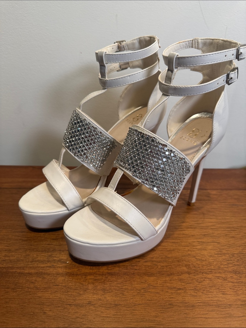 White Strap Platform Sandal Heels with Silver Mesh Embellishment